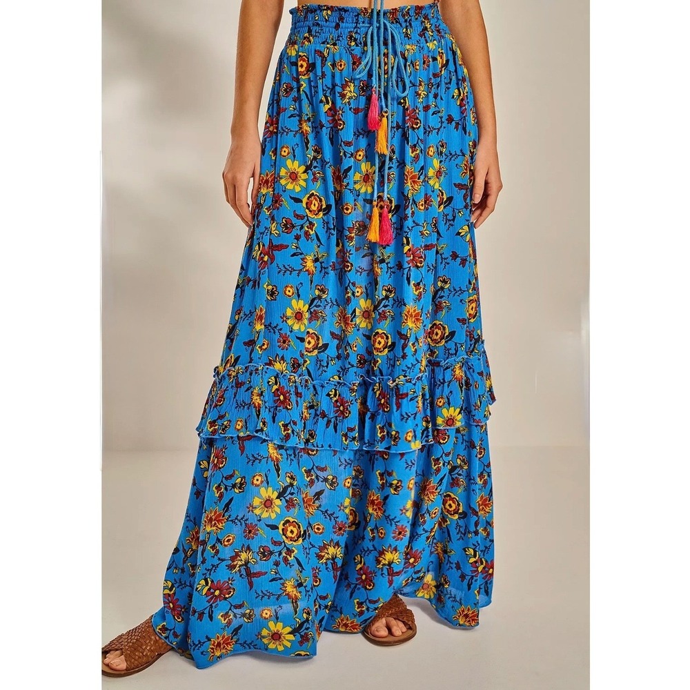Out From Under Maxi Skirt Women Small Blue Floral Boho Fairy Tassel Smocked